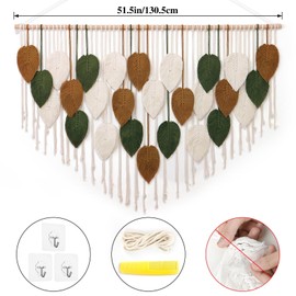 KHOYIME Large Macrame Wall Hanging Boho Woven Tapestry, Chic Home Decor Modern Bohemian Handmade Leaf Feather Wall Art Decorations for Apartment Living Room Bedroom Nursery Backdrop 51.5" W X 33.5" L