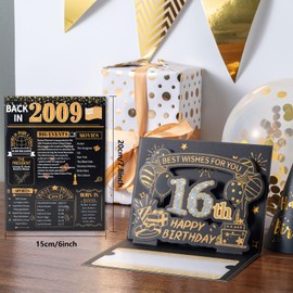 HOMANGA 16th Birthday Card, 3D Pop Up 16th Birthday Card for Boys Girls, Back in 2009 Card with Envelope, 16th Birthday Gifts for Son, Daughter, Him, Her (Black Gold)