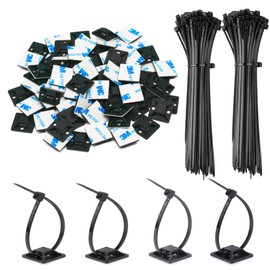 50 Pack 1.5 inch Zip Tie Adhesive Mounts Self Adhesive Cable Tie Base Holders with Multi-Purpose Tie wire clips with screw hole,Anchor stick on wire holder with 8 inch zip ties（Black）