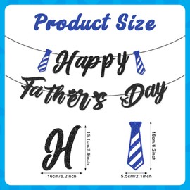 Happy Father’s Day Banner – Pre-Strung Black Letter Glitter Garland with Blue Tie Cutouts for Dad Appreciation, Father’s Day Party Decorations, Home Décor