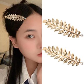 Leaf Hair Clips Greek Goddess Hair Barrettes for Women Girls Leaves Bobby Pins for Wedding Bridal Hair Clips Prom Tiaras Pearl Leaf Head Piece for Bride Bridesmaid 2pcs