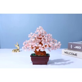 Top Plaza Rose Quartz Healing Crystal Money Tree 7 Inch Stone Bonsai Feng Shui Good Luck Wealth Decor Business Gift for Office Home Living Room