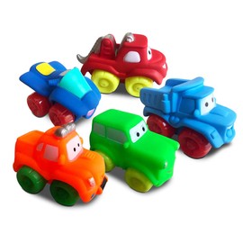 BF Toys - Super Trucks - Carritos de Juguete para Niños Pequeños - Camioncitos de Plástico Suave - Carritos de Libre Rueda - Paquete con 5 Carritos de Colores (Colección Uno)