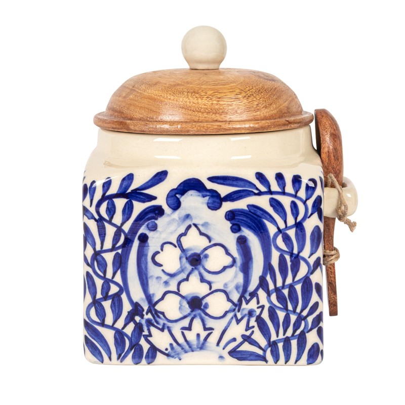 Creative Co-Op Stoneware Canister with Design, Lid and Spoon, Cream,