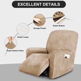 FestiCorp Recliner Chair Covers Real Velvet 4-Pieces Recliner Covers for Small Lazy Boy Recliner Chair Stretch Recliner Sofa Slipcovers Furniture Protector with Side Pocket & Elastic Bottom, Camel