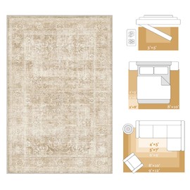 Beauoop 8x10 Washable Area Rug Beige Vintage Distressed Neutral Oriental Large for Living Room Cream Indoor Soft Traditional Retro Non Slip Low Pile Rug for Bedroom Dining Room Kitchen Office Nursery