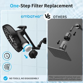 Filtered Shower Head with Extension Arm - EMBATHER 8 Inch Hign Output Showrhead with 3 Spray Settings, 18 Stage Filter for Hard Water, 11" Adjustable Arm, Brass Swivel Ball Jiont, Matt Black