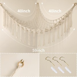 Stuffed Animal Hammock Corner, Hand-knitted Large Plushie Net Toy Hammock with Wooden Rings | Boho Cute Stuff Animal Storage for Nursery & Bedroom | Mesh Kids Toy Organizer Holder Nursery Room Decor