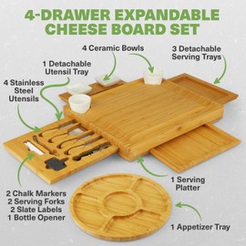 Dynamic Gear Charcuterie Boards with Drawers - Expandable Bamboo Cheese Board Set with Stainless Steel Utensils, Ceramic Bowls, Serving Trays, Utensil Drawer, and Appetizer Tray - 4 Hidden Drawers