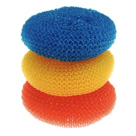 LOLA Plastic Mesh Scouring Pads - 3 Pack, 3.375" x 1.25", Non-Scratch Scrubbers to Clean Dishes, Assorted Colors - 1 Red, 1 Blue & 1 Yellow