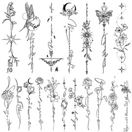 CHARLENT Temporary Tattoos for Women Girls - 45 Pcs Line Flower Words Sketch Realistic Long Last Fake Tattoo Waterproof Minimal Line Art Tattoo for Arm Backbone Leg Body