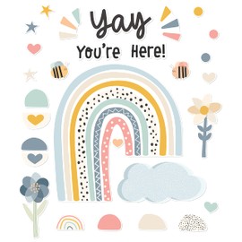 Carson Dellosa 76-Piece We Belong Welcome Bulletin Board Set, Yay You're Here! Welcome Bulletin Board Sign, Flowers, Boho Rainbow, Hearts, Stars, and More, Neutral Classroom Décor