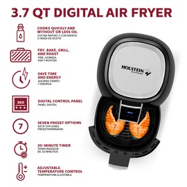 Holstein Housewares - 3.7QT Digital Air Fryer, Black - Convenient and User Friendly with Optimal Control Panel and Seven Cooking Presets