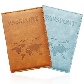 GIKPAX 2 Pack Passport Cover, PU Leather Passport Holder, Travel Wallet for Passport, Ticket Card, Boarding Passes, Credit Card, Business Cards, Brown and light blue, Classic
