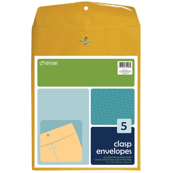 Top Flight Clasp Envelopes, Gummed and Clasped Closure, 9 x 12 Inches, Brown Kraft, 5 Envelopes per Pack (6911009)