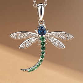 Women's Sterling Silver Dragonfly Necklace, Statement Enamel Rhinestone Blue Dragonfly Necklace Pendant Gifts for Women Nature Lover Jewelry