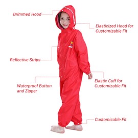 JiAmy Toddler One Piece Rain Suit Kids Rain Poncho Waterproof Muddy Buddy Rain Jacket Full Body Raincoat, Red, 13-14 Years