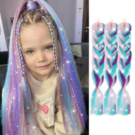 FANCEE Jumbo Braiding Hair Extensions with Tinsels Crochet Twist Braids Extensions for Women And Girls 24 Inch 3 Tones Pink Purple Blue Soft Pre-Stretched Kanekalon Braiding Hair for Kids