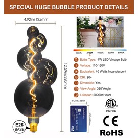 MYEARAYS 40 Watt Decorative Vintage LED Light Bulbs, Special Huge Bubble 4W LED Filament Edison Bulb,2700K Oversized Electroplated Warm Lights,Dimmable E26 Lamp Base,1-Pack