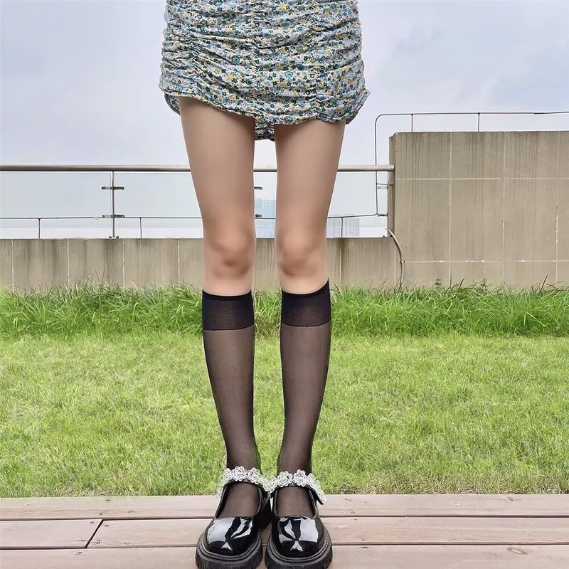 [Eukkis] ハイソックス ストッキング レディース靴下-4足セット ロングソックス 無地シンプル 極薄透明感 夏 可愛いハイソックス ブラック