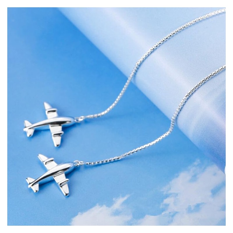 Rockyu Women's 925 Silver Earrings, Airplane Motif, Long Chain Earrings,