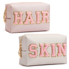 HBselect Preppy Makeup Bag 2 Pcs Travel Toiletry Bag Chenille Letter Patch Makeup Bag Portable Cosmetic Bag for Women PU Leather Waterproof Organizer Make up Bag for Women Girls (Hair Skin)