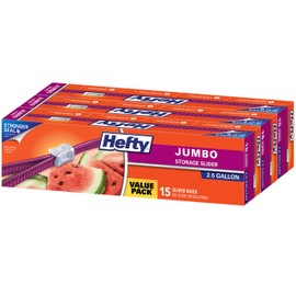 Hefty Slider Jumbo Storage Bags, 2.5 Gallon Size, 3 Boxes of 15 Bags (45 Total)