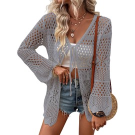Women Crochet Cardigan Lightweight Tie Front Hollow Out Long Sleeves Summer Knit Cover Cardigans