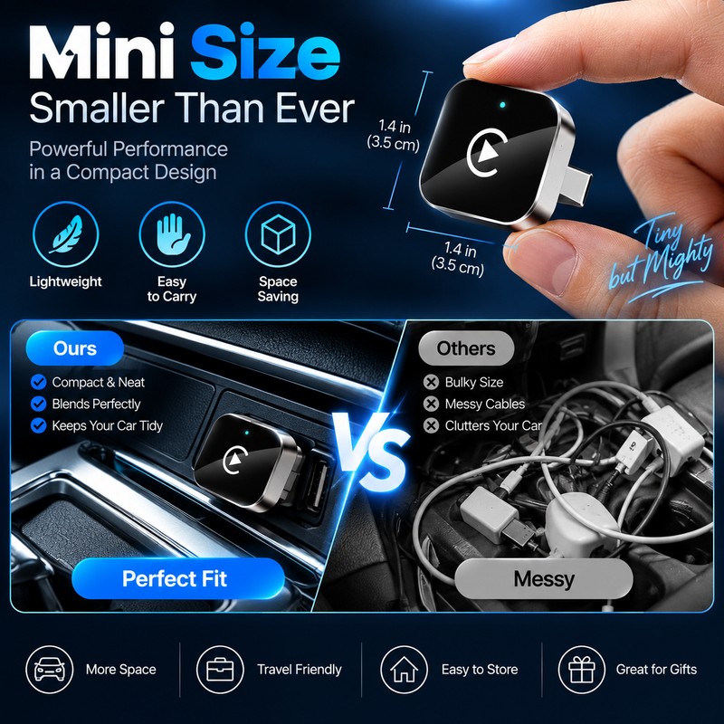 Wireless CarPlay Adapter for iPhone & Android – 23mm Plug-and-Play
