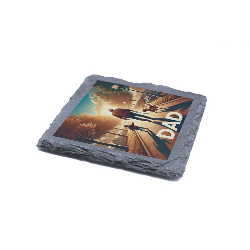 Slate Coaster - Dad Walking with Child & Dog -