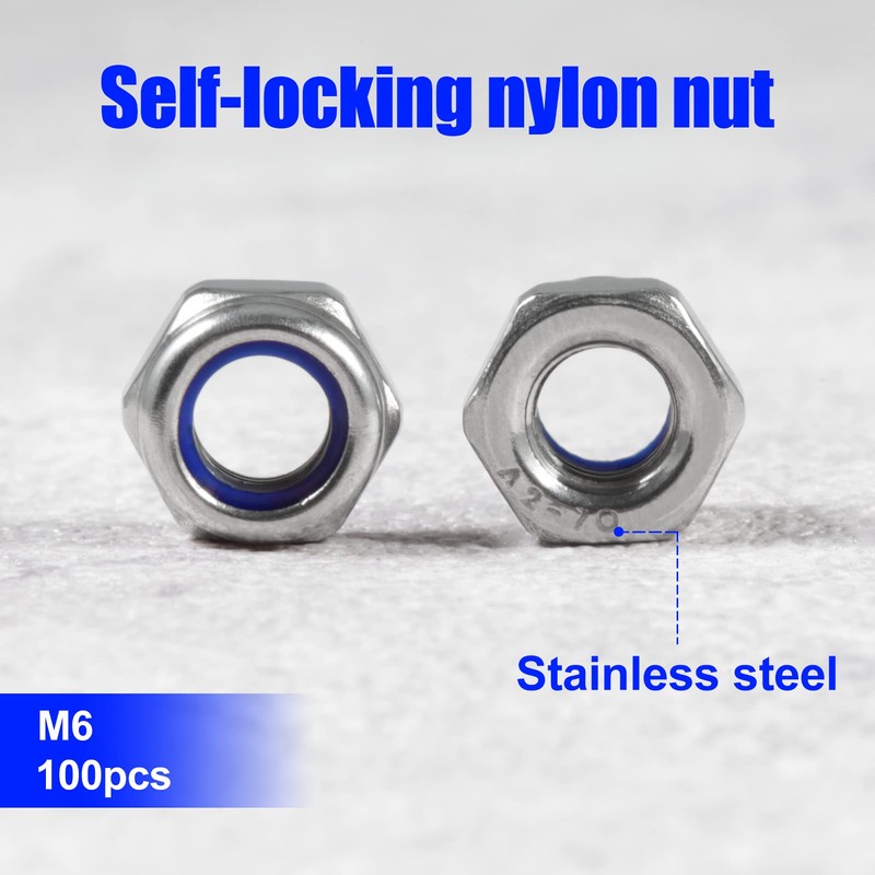 SPEEDWOX 100 PCS M6 x 1mm Nylon Insert Nuts Locknuts,
