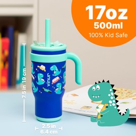 VINUR Kids Tumbler with Handle and Straw Lid |17 oz Stainless Steel Insulated Leak Proof Water Tumbler Mug for Kids Boys Girls 6+| Holder Friendly | Dinosaur