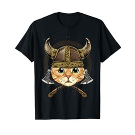 Viking Cat with Viking Helmet Mjolnir Axes T-Shirt