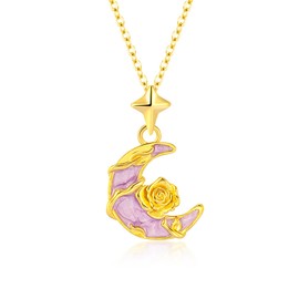 S925 Sterling Silver Gold-Plated Moon & Rose Necklace for Women – Adjustable Purple Enamel Celestial Jewellery Gift for Her, Everyday Elegance