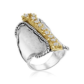 JEAN RACHEL JEWELRY Mixed Metal Two Tone Ring for Women – CZ Rope Bead Shield Ring – 925 Sterling Silver & 14K Gold Over Silver – Hypoallergenic Wide Band Statement Ring