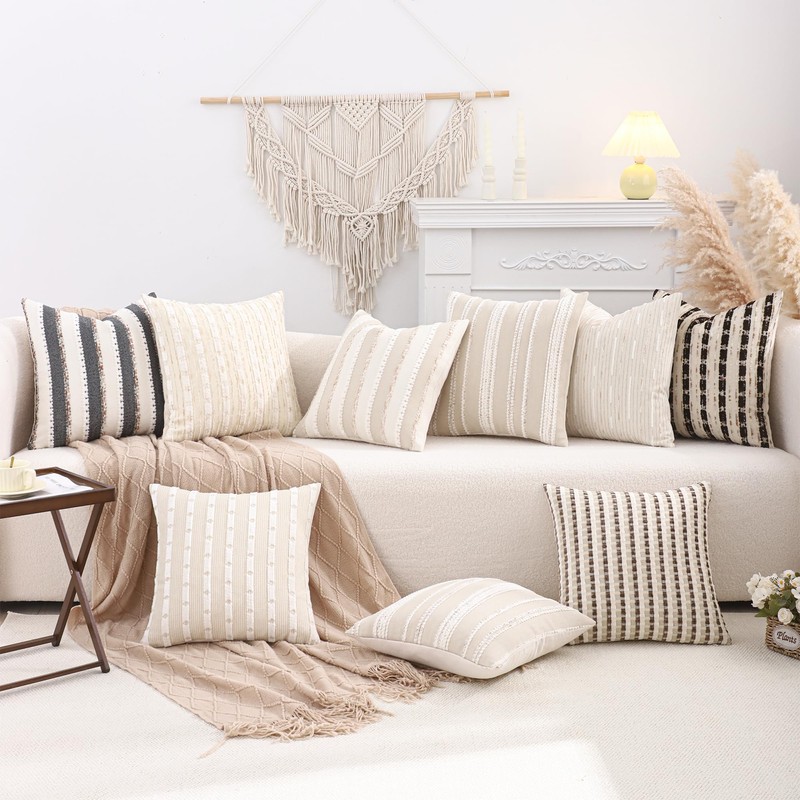 Boho Jacquard Throw Pillow Covers 18x18 Set of 2 Beige