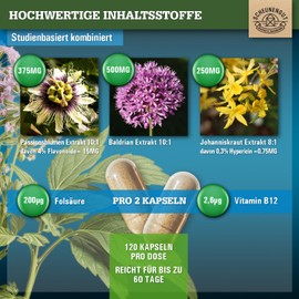 Inner Balance® St. John's Wort Valerian Passion Flower Capsules High Dose Important: Laboratory Tested Complex with Hypericin, Hyperforin, Folic Acid & Vitamin B12 Pack of 120 SCHEUNENGUT®