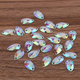 HEEPDD 200 stücke Nähen Strass, 2 Farben Tropfenform Harz Flatback Harz Doppel Löcher Wassertropfen Licht Kristall Diamant Perlen DIY Handwerk Dekorative Accessoires(AB Farbe)