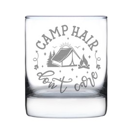 Camp Hair Dont Care Hand Engraved 10oz Rocks Glass Campfire Tent Etched Design Unique for Campers Outdoor Enthusiasts