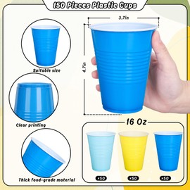 JarThenaAMCS 150Pcs Blue Yellow Plastic Cups 16Oz Cartoon Sponge Theme Disposable Drinking Cup Bulk for Lemon Ocean Party Baby Shower Birthday Supplies
