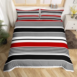 Modern Stripes Bedding Set Twin Size for Kids Boys Bedroom,Red Black Gray Bed Duvet Cover Set,Lines Art Comforter Cover Simplicity Decor 2 Pieces 1 Duvet Cover with 1 Pillowcase No Comforter