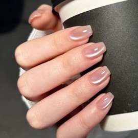 MrCuvaryas Press on Nails - 24 Pieces Square Pink Cat Eyes Ballerina, Nails for Sticking Short, Short Artificial Fingernails for Sticking Acrylic Full Cover for Women Nail Art (Pink, 12 Sizes)