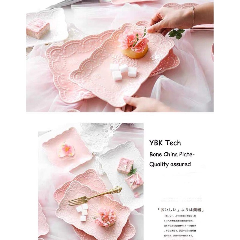 YBK Tech Elegant Rectangle Embossed Lace Plate Bone China Dessert
