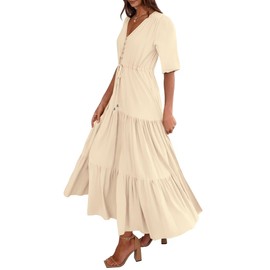 Womens Summer V Neck Maxi Long Dress 2025 Fashion Casual Flowy Boho Beach Vacation Sundress Apricot