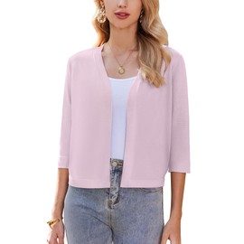 Zeagoo Women's Bolero Festive Elegant Cardigan Short Bolero Jacket 3/4 Sleeve Shoulder Jacket Open Front Cardigan Casual Solid Top S-XXL, pink