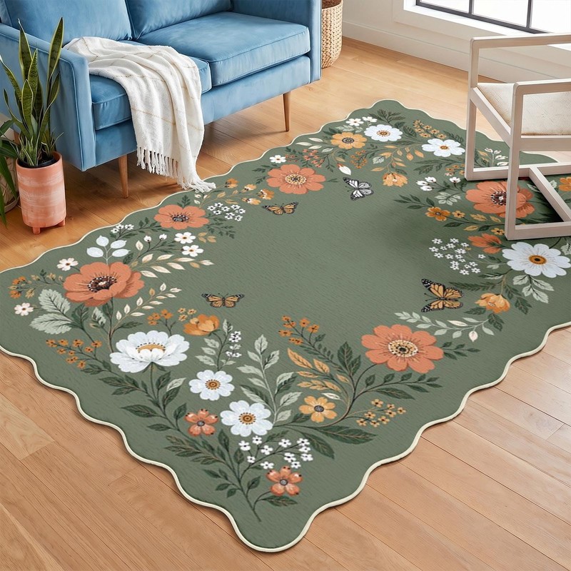 Washable Scalloped Area Rug, Green Floral, 5'x7'