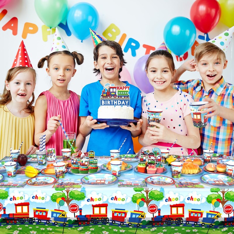 Train Party Decorations , Includes Plates, Straws, Napkins, Cups, Tablecloths,