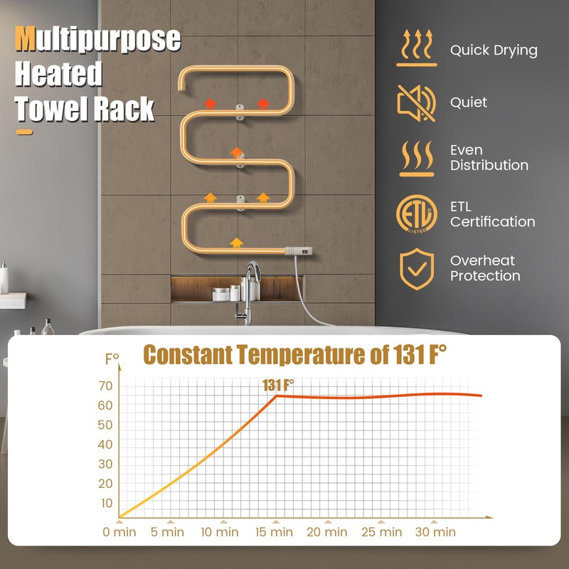 COSTWAY Heated Towel Warmer, Freestanding & Wall-Mounted 5-Bar Drying Rack