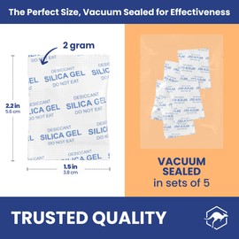 Wallaby 2 gram (350 Packets) Food Safe Pure White Silica Gel Desiccant Dehumidifier Packs - Rechargeable & Coated Moisture Absorbers - Protects Against Moisture Damage - (Packed in 70x Sets of 5)