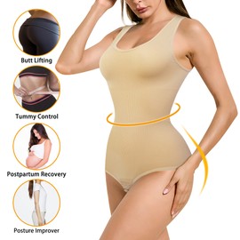 Bafully Women Shapewear Bodysuit Round Neck Tank Tops Seamless Waist Trainer Vest Tummy Control Full Body Shaper (Beige, M-L)